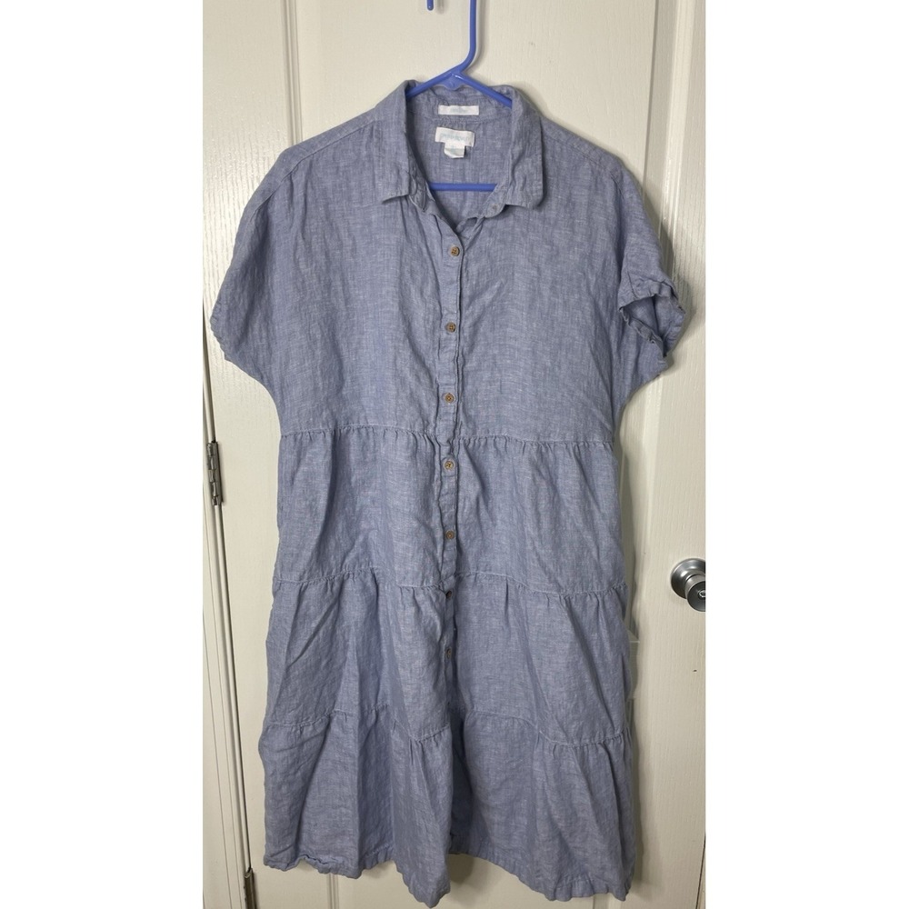 Cynthia Rowley Linen Tiered Midi Dress L Blue Cottagecore Euro Summer Buttons